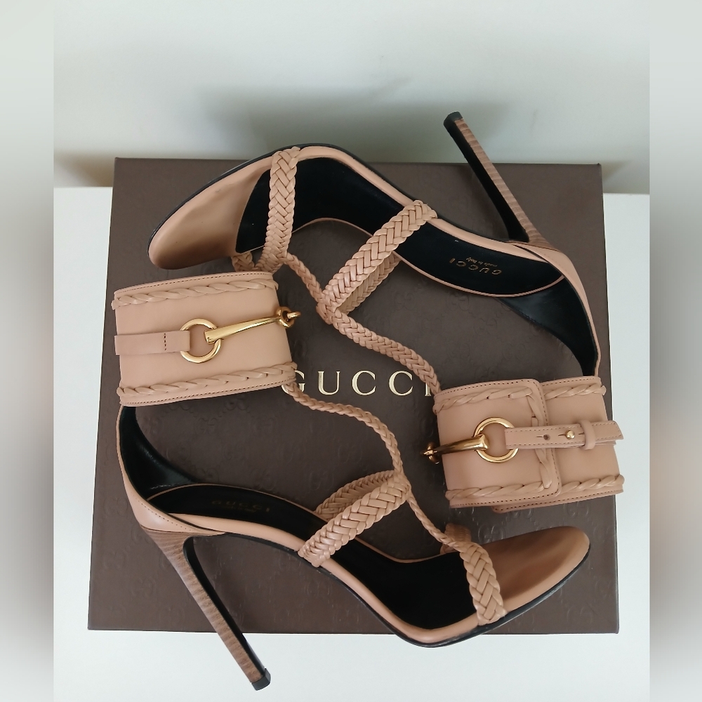 Gucci Beige Braided Leather High Heel Sandals